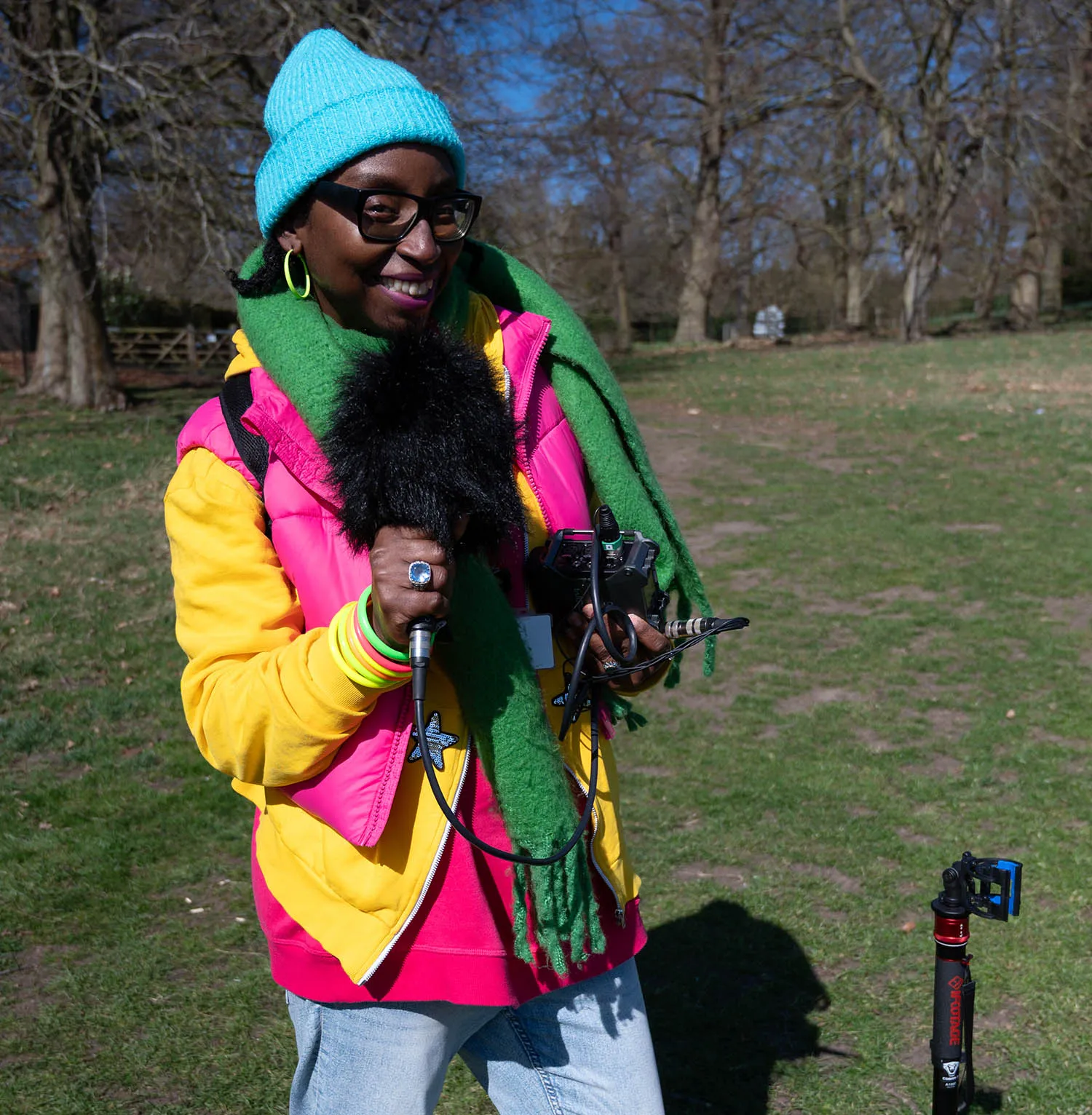 Leeds Libraries masterclass participant with ambisonic mic at Harewood House